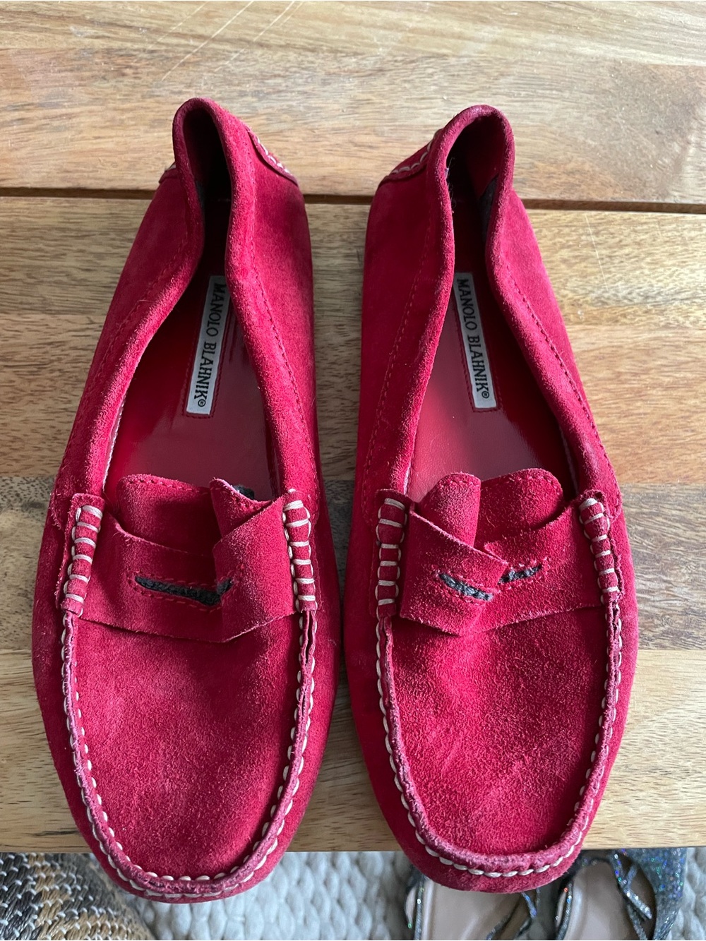 Manolo Blahnik Red Suede Penny Loafers